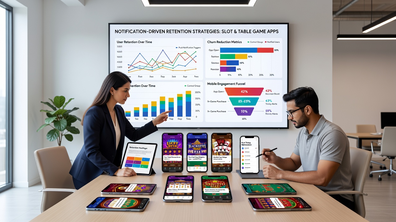 Analytics dashboard showing notification performance metrics for casino apps across mobile platforms