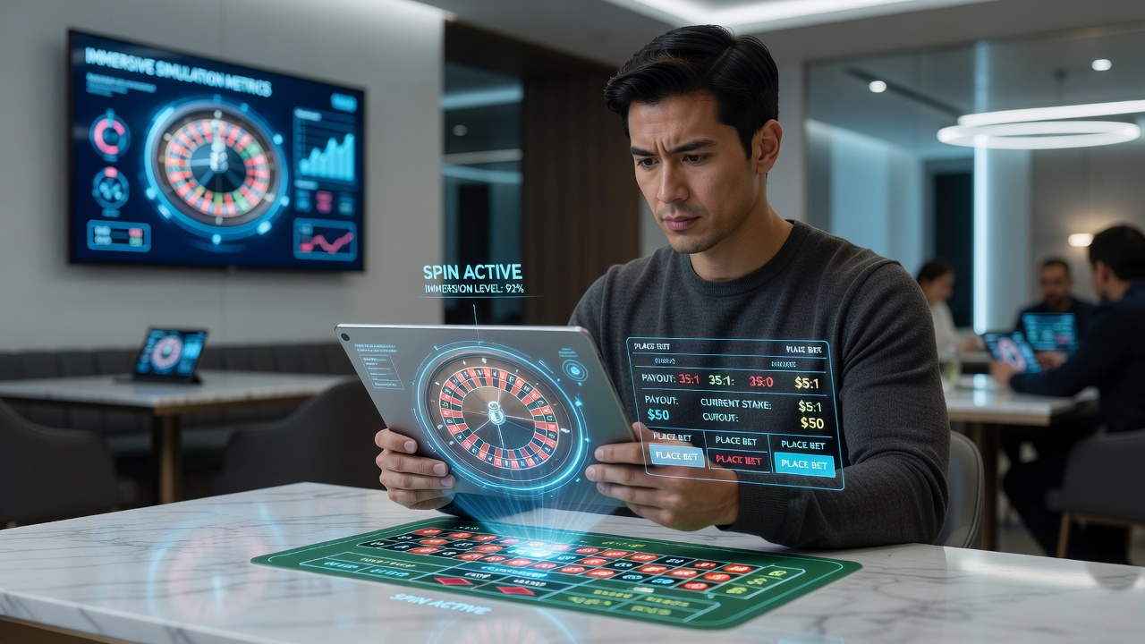Close-up view of mobile device using augmented reality to project roulette betting options onto a physical surface with interactive virtual elements