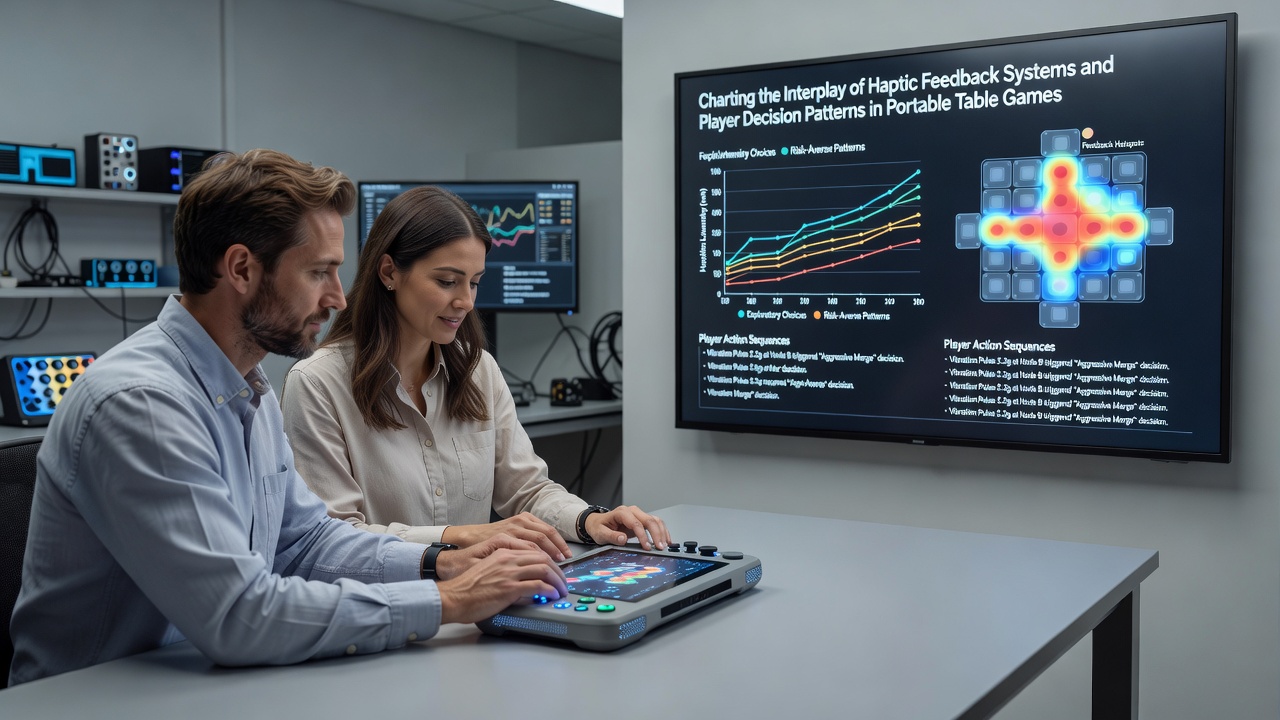 Data visualization mapping haptic events to player decision sequences in portable table games