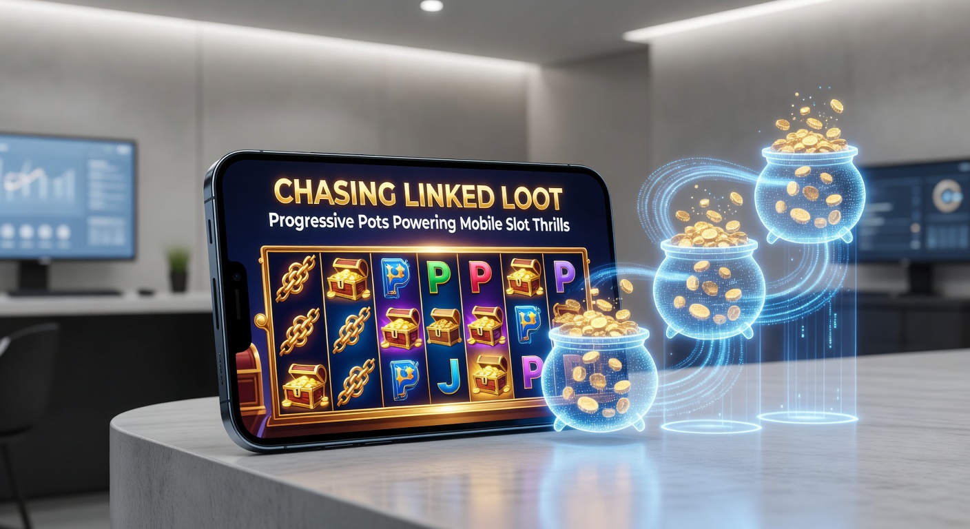 Close-up of a player's hand on a smartphone, mid-spin on a progressive slot with a massive linked jackpot display and glowing loot symbols aligning