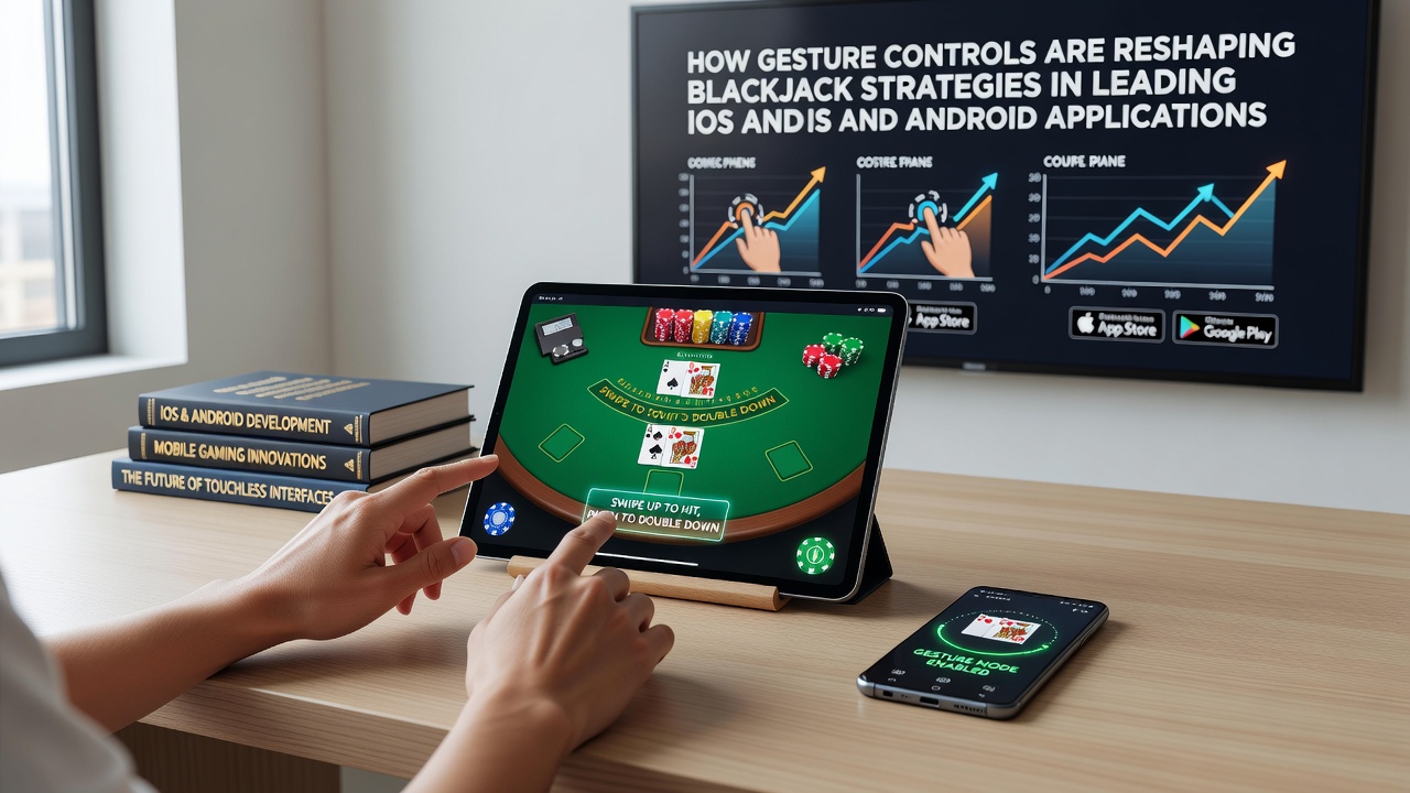 Close-up of an Android tablet displaying a blackjack table with gesture tutorial overlays showing swipe directions for common decisions