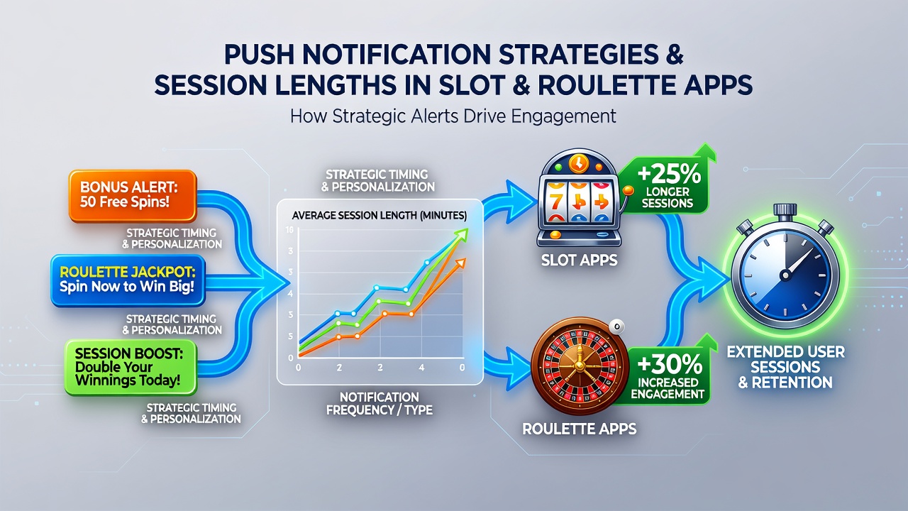 Analytics dashboard displaying session length metrics and push notification performance charts for casino apps
