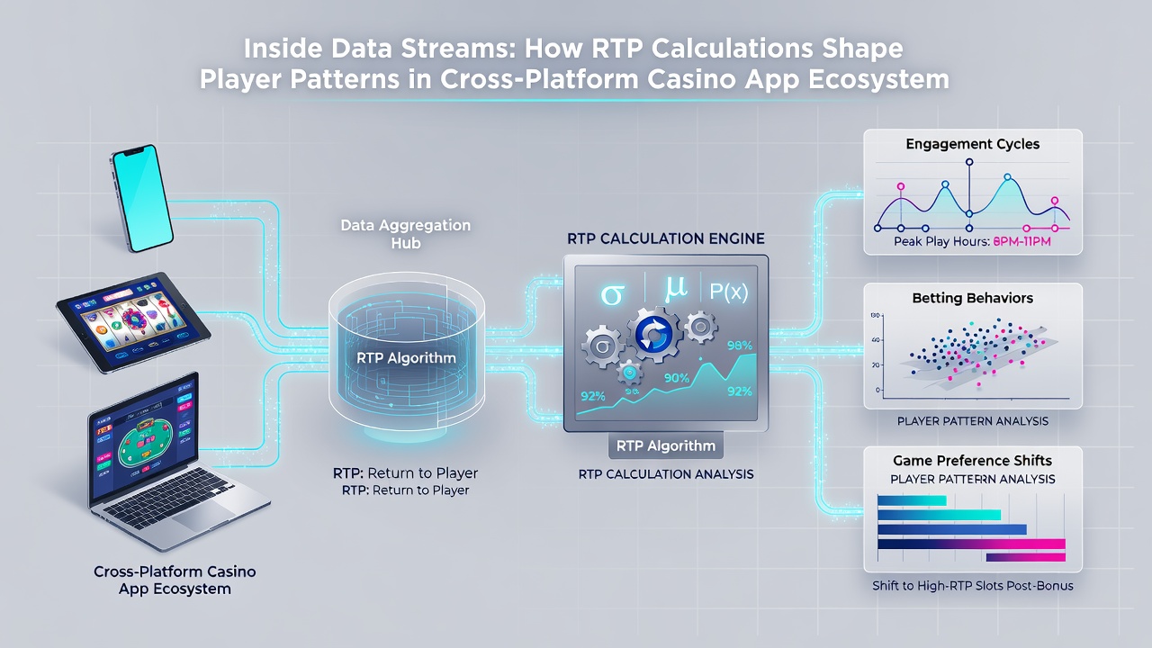 Network diagram illustrating real-time data streams between casino servers, RTP engines, and mobile devices on multiple platforms