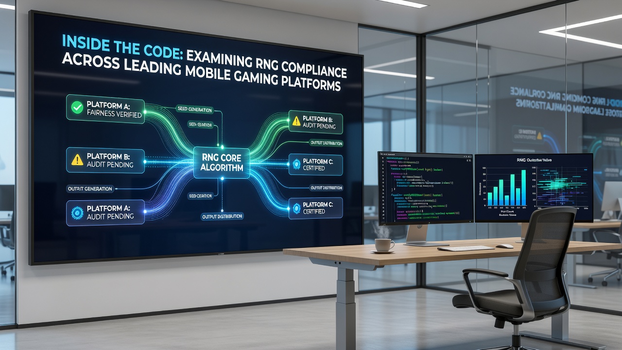 Mobile device screen displaying RNG certification seals and compliance indicators