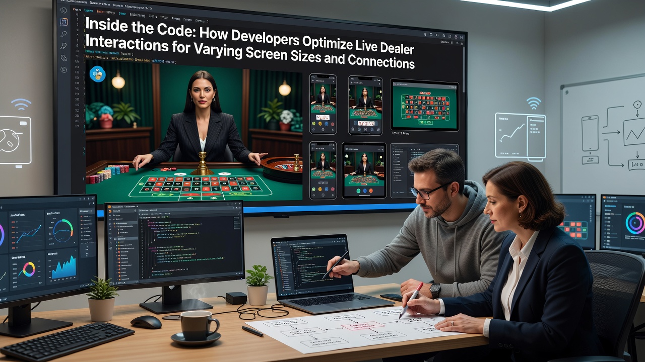 Code editor displaying bitrate switching logic and device emulation tests for live dealer roulette