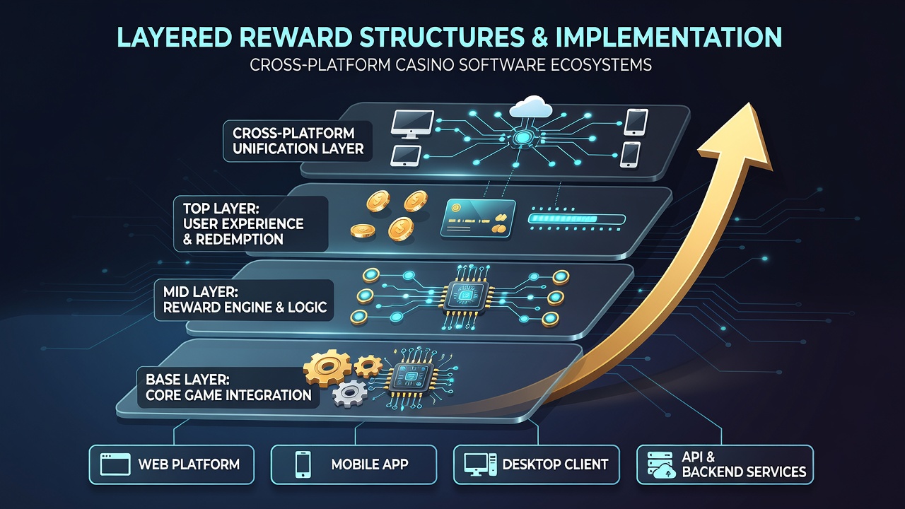 Screenshot of a casino app dashboard displaying tier progression and reward redemption options on multiple device screens