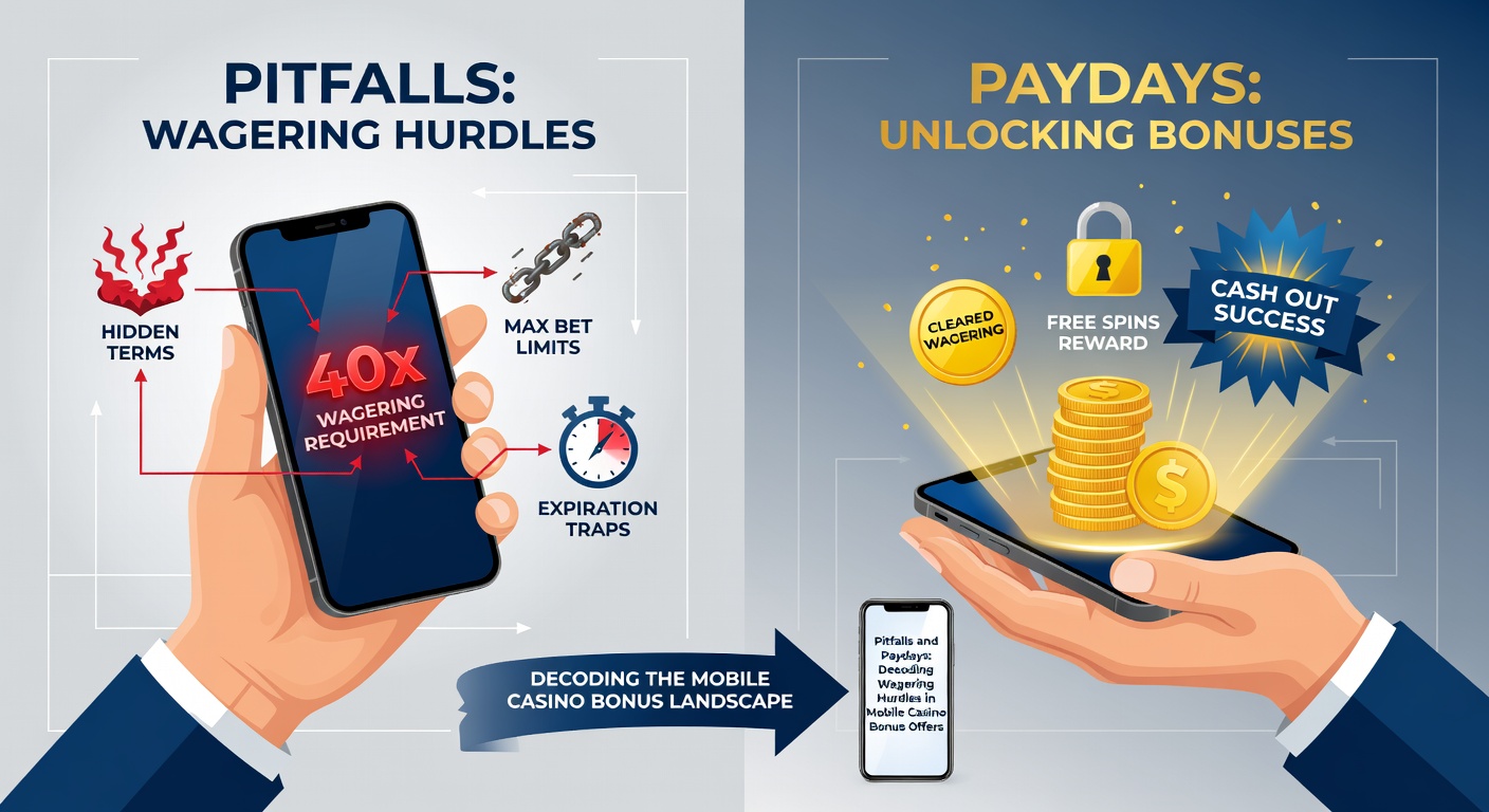 Graphic depicting a flowchart of wagering requirement steps in a mobile casino app, from bonus claim to cash withdrawal, with warning icons for common pitfalls