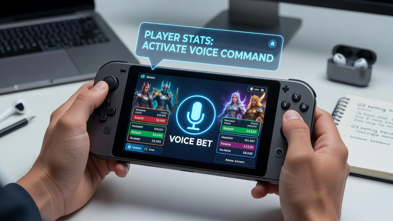 Portable gaming device displaying voice command confirmation screen during live betting session