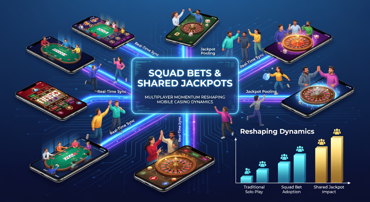 Illustration of diverse players collaborating on a shared jackpot in a mobile casino squad bet interface, with rising prize meters and chat bubbles