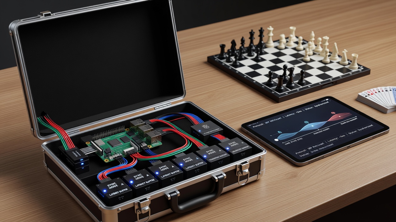 Close-up of portable gaming tablets arranged on a table with overlay graphics indicating active synchronization links