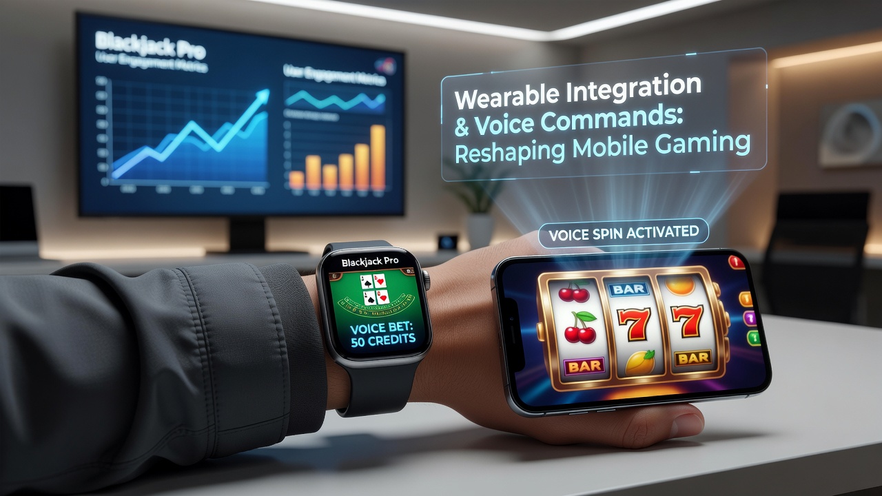 Mobile device screen showing voice command overlay on a slots game alongside connected smartwatch