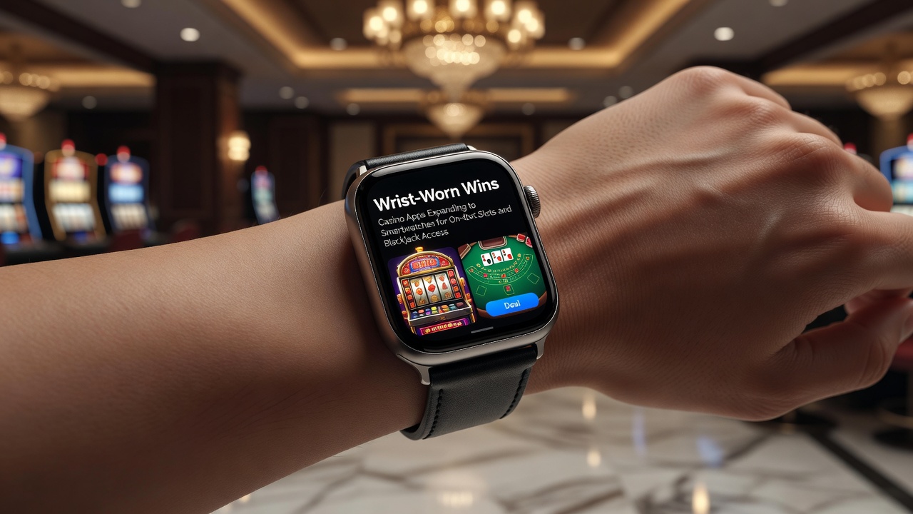Close-up of smartwatch screen showing live blackjack gameplay and slot reels